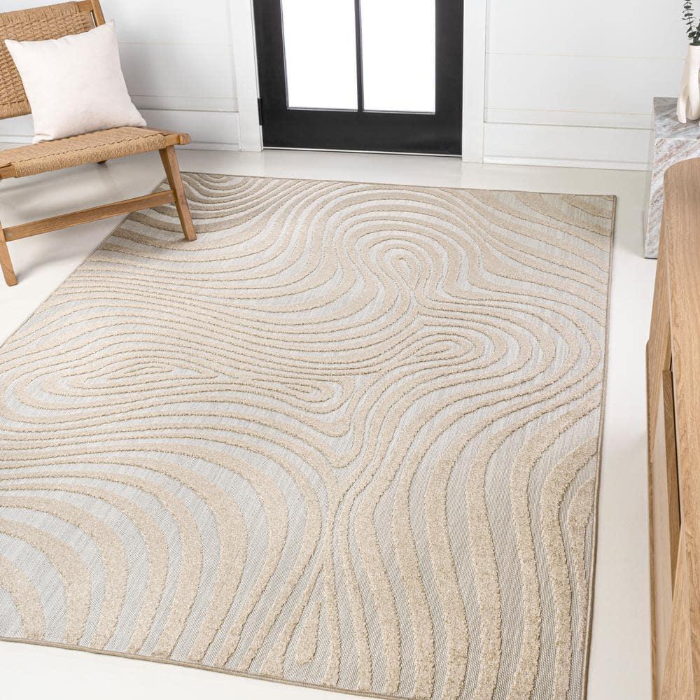 JONATHAN Y Maribo High-Low Abstract Groovy Striped Beige/Cream 5 ft. x 8 ft. Indoor/Outdoor Area Rug