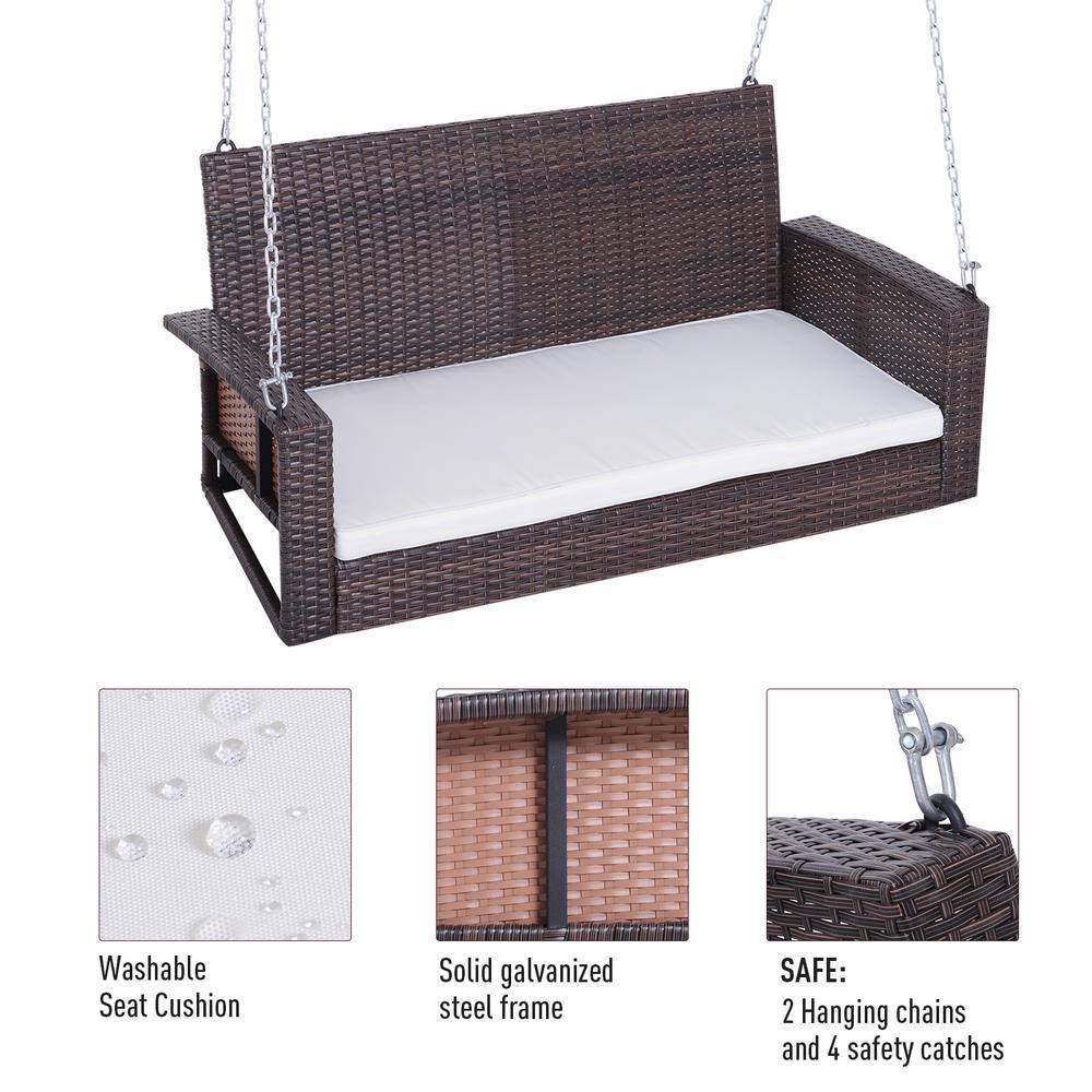 Outsunny 2 Person Wicker Hanging Swing Bench, Front Porch Swing Outdoor Chair with Cushions for Backyard, Garden, Brown