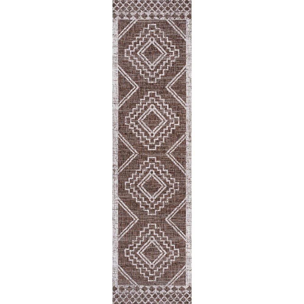 2'x10' Marokko Diamond Medallion Indoor/Outdoor Runner Rug, Brown/Beige - JONATHAN Y
