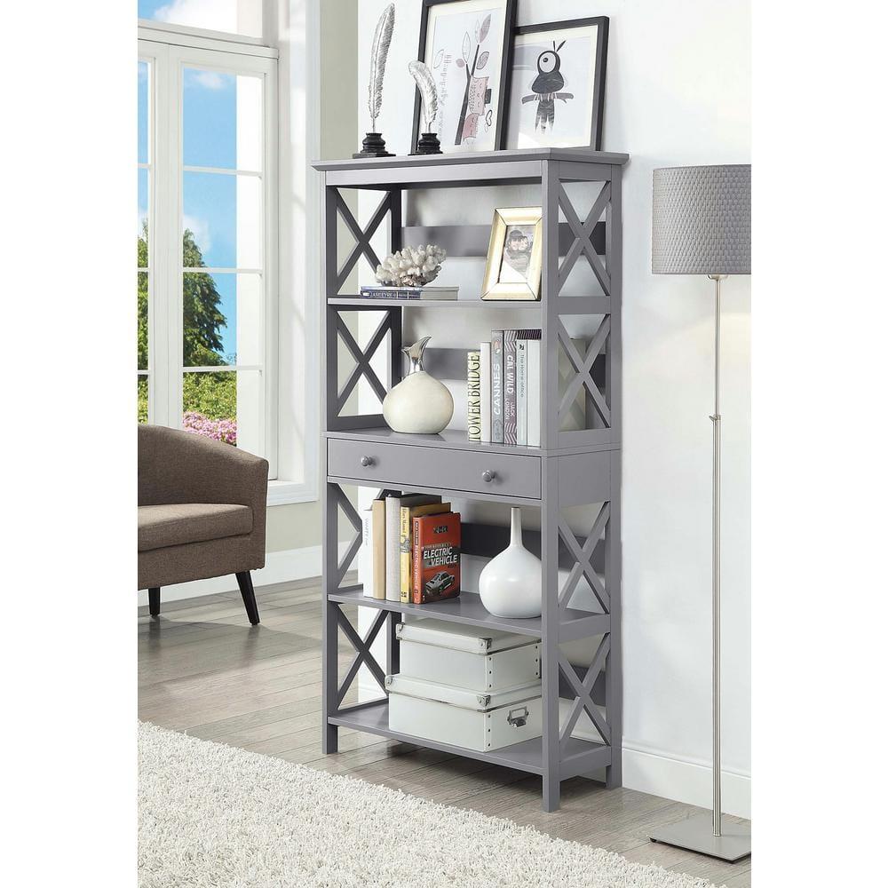 Convenience Concepts Oxford Five-Tier Bookcase with Drawer in Gray Wood Finish