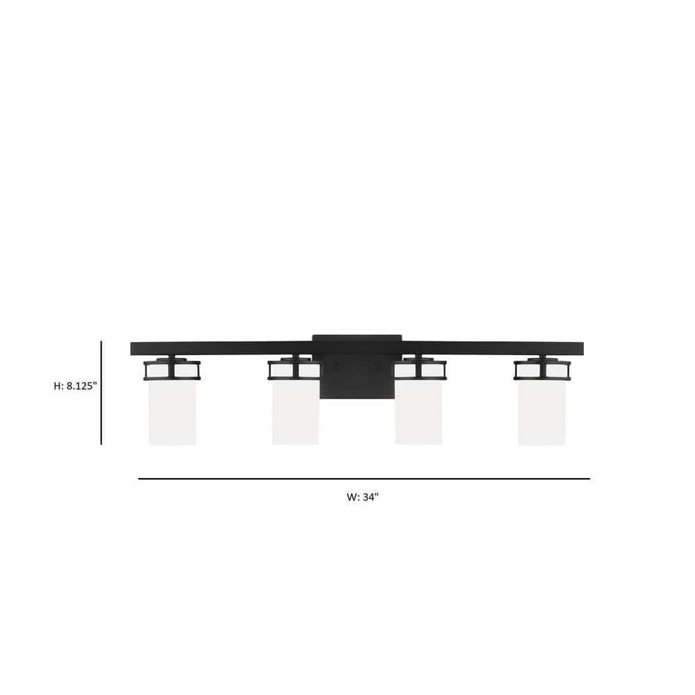Robie 34 in. 4-Light Matte Black Transitional Rustic Wall Bathroom Vanity Light with Etched White Glass Shades