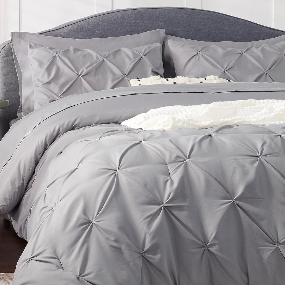 King Size Comforter Set - Bedding Set King 7 Pieces, Pintuck Bed in a Bag Grey Bed Set with Comforter, Sheets, Pillowcases & Shams