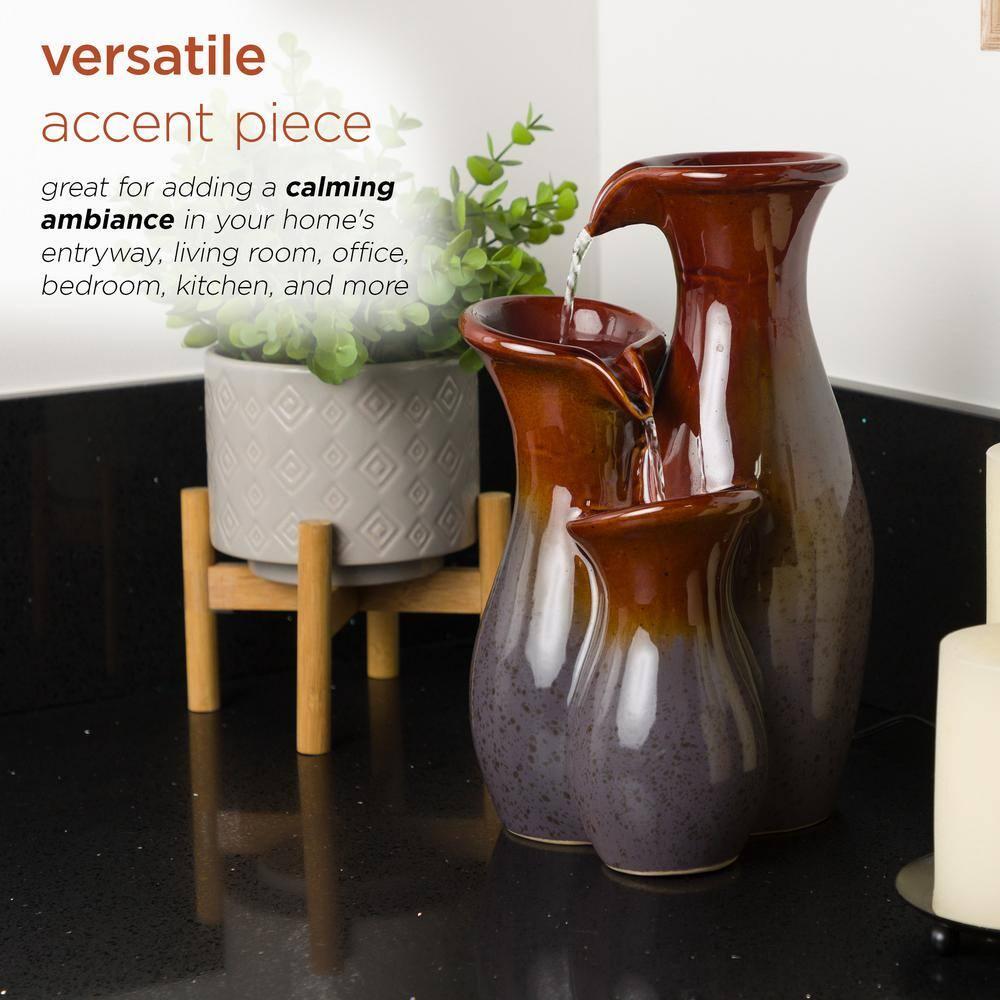 Alpine Corporation 11"H Indoor Tiered Glossy Ceramic Vase Tabletop Fountain, Brown/Gray
