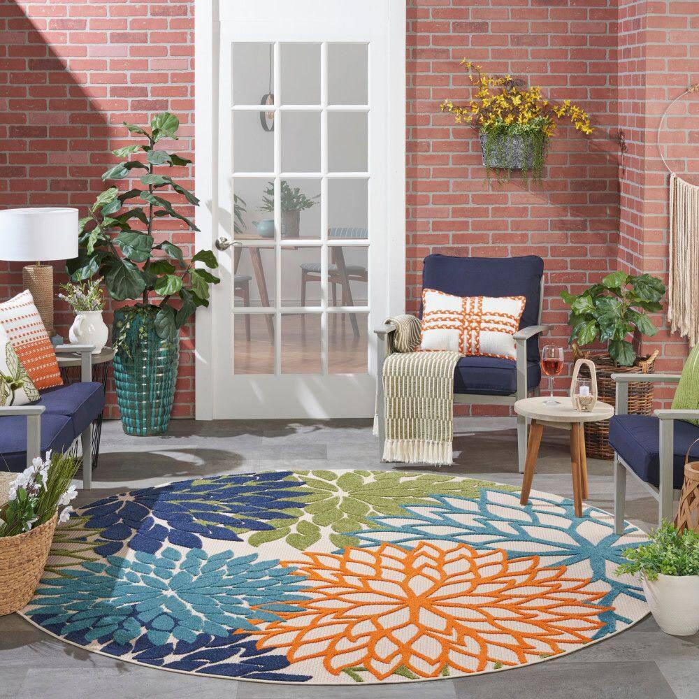 Nourison Aloha Floral Bloom Flatweave High-Low Indoor Outdoor Round Rug Multicolor 7'10" x 7'10"