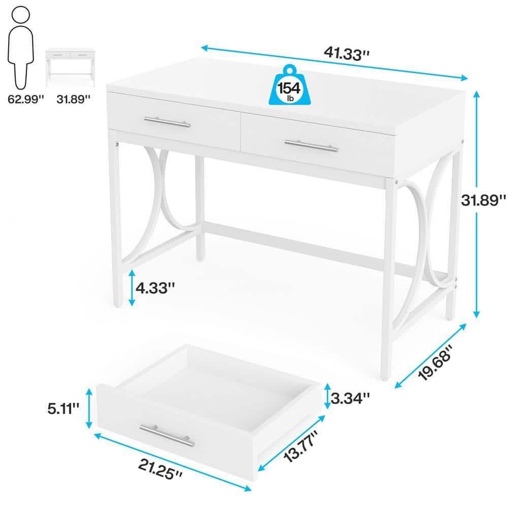 Tribesigns Modern Computer Desk with 2 Drawers, 41 Inches Study Writing Office Desk for Home Office, Bedroom, Makeup Vanity Table Desk with Metal Frame, White