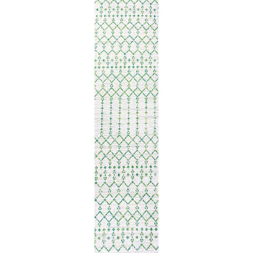 2' x 10' Ourika Moroccan Geometric Textured Weave Indoor/Outdoor Runner Rug, Green/Ivory - JONATHAN Y