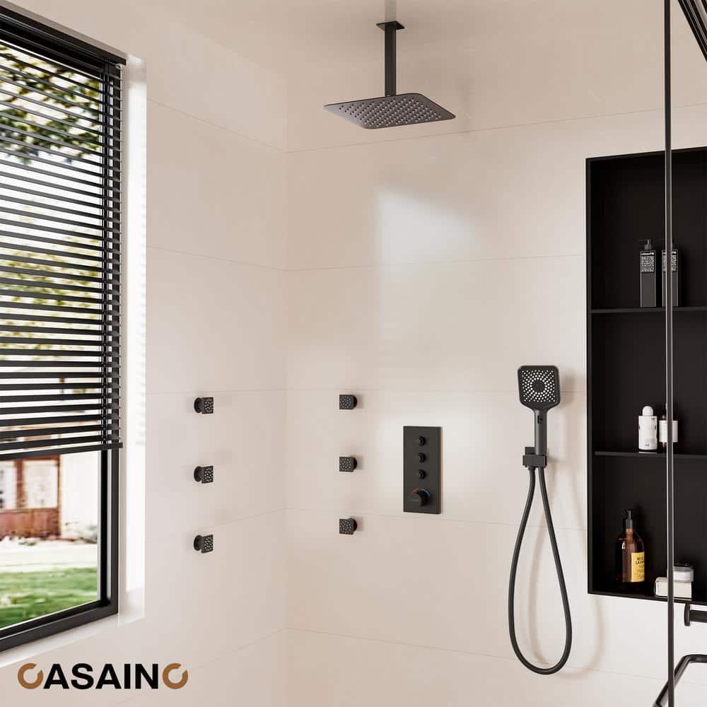 3 Functions 12 Inch Ceiling Mounted Thermostatic Shower System with 6 Body Jets