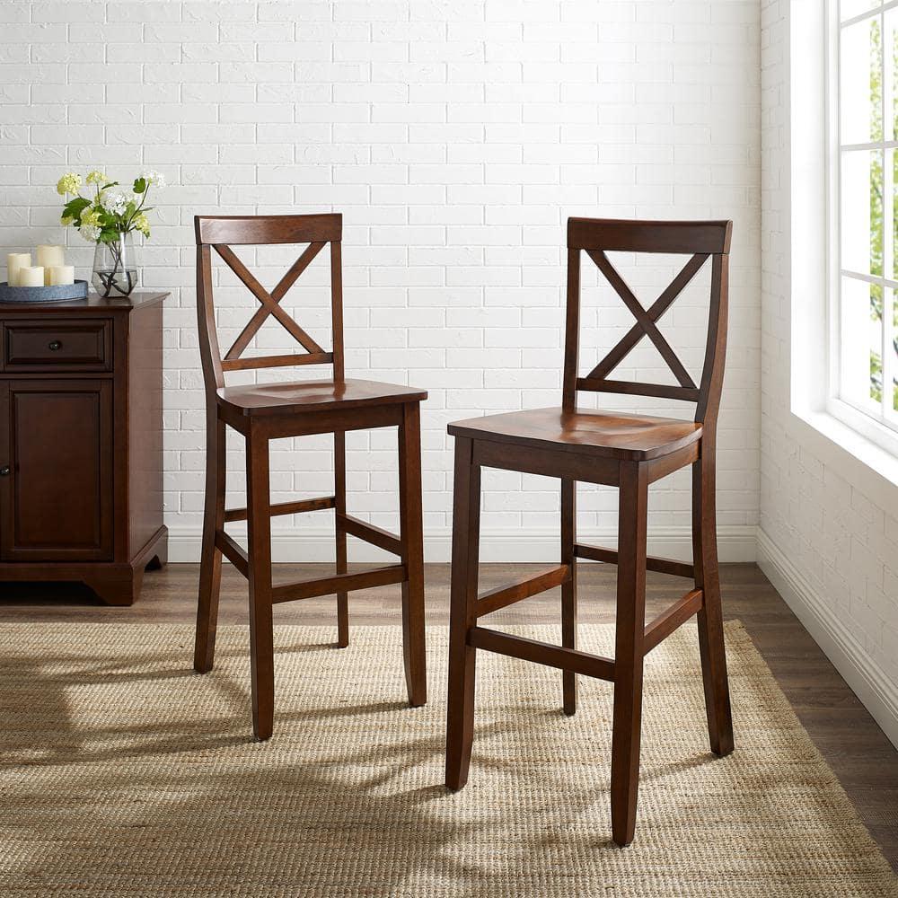 Crosley Set of 2 30" X-Back Barstools Mahogany: Traditional Farmhouse Design, Rubberwood Frame, Footrest