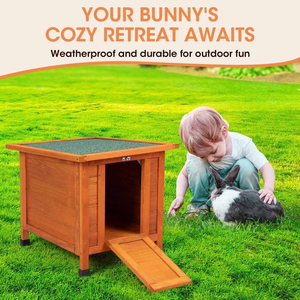 Small Wood Rabbit Hutch Bunny Cage, Raised Cat House with Ladder for Small Animals, Orange