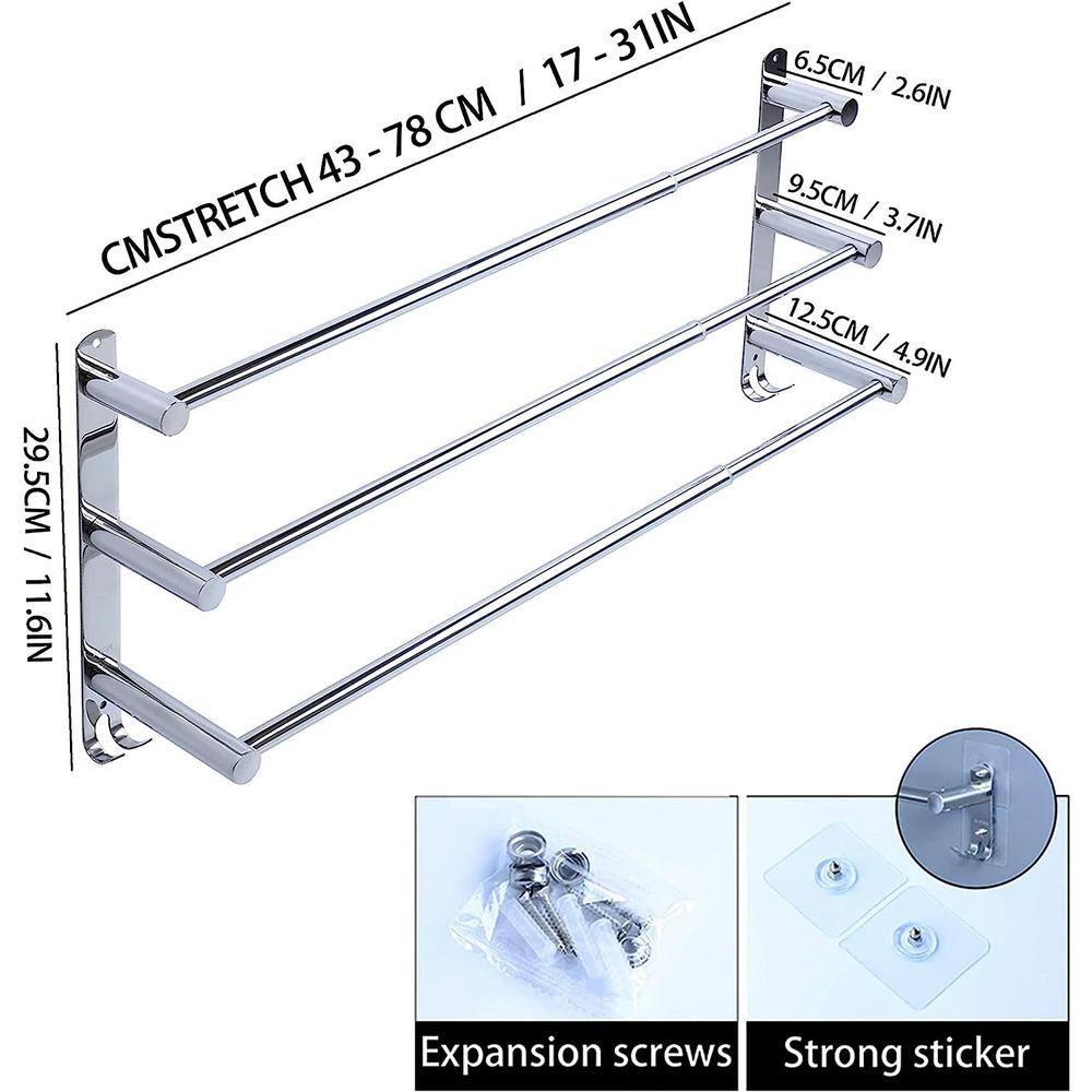 Towel Bars Hanger Freely Retractable 20-30 Inche Stainless Steel 304 Bath Rack Strong 3M Adhesive Bathroom Wall Free mounting Hole-Installing washroom Kitchen Space Saving 3 Bars