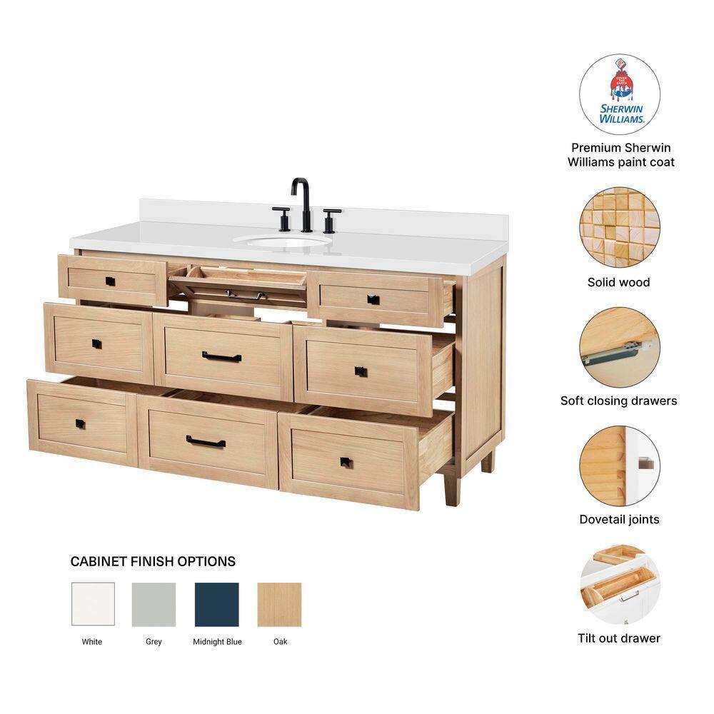 Ariel Bath Ariel Monrow 67 Inch Single Oval Sink Bathroom Vanity With Pure White Quartz Countertop