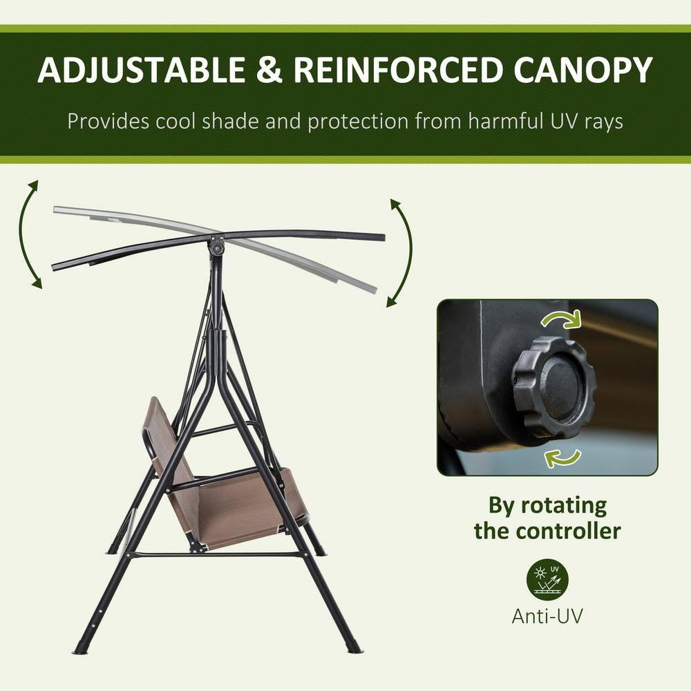 Outsunny Patio Swing Chair with Canopy, Seats 2 Adults Loveseat Bench with Canopy, Armrests, A-Frame Steel, Breathable Mesh, Brown