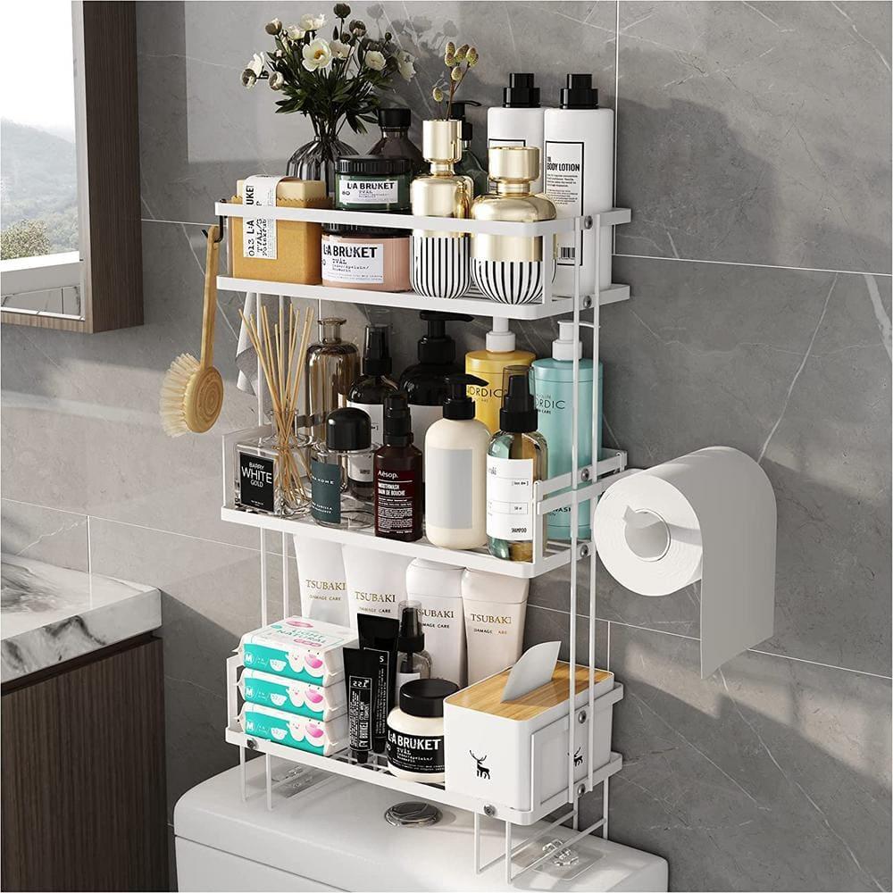 Over Toilet Bathroom Organizer,Over The Toilet Storage Shelf, Toilet Shelf with Toilet Paper Holder,Bathroom Shelf Over Toilet,3 Tier Toilet Storage Rack White Metal