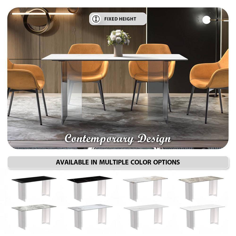 LeisureMod Modern 62” Rectangular Dining Table for 4 to 8 People with Sintered Stone/Glass Top and Acrylic Base Kova Series in White/Gold