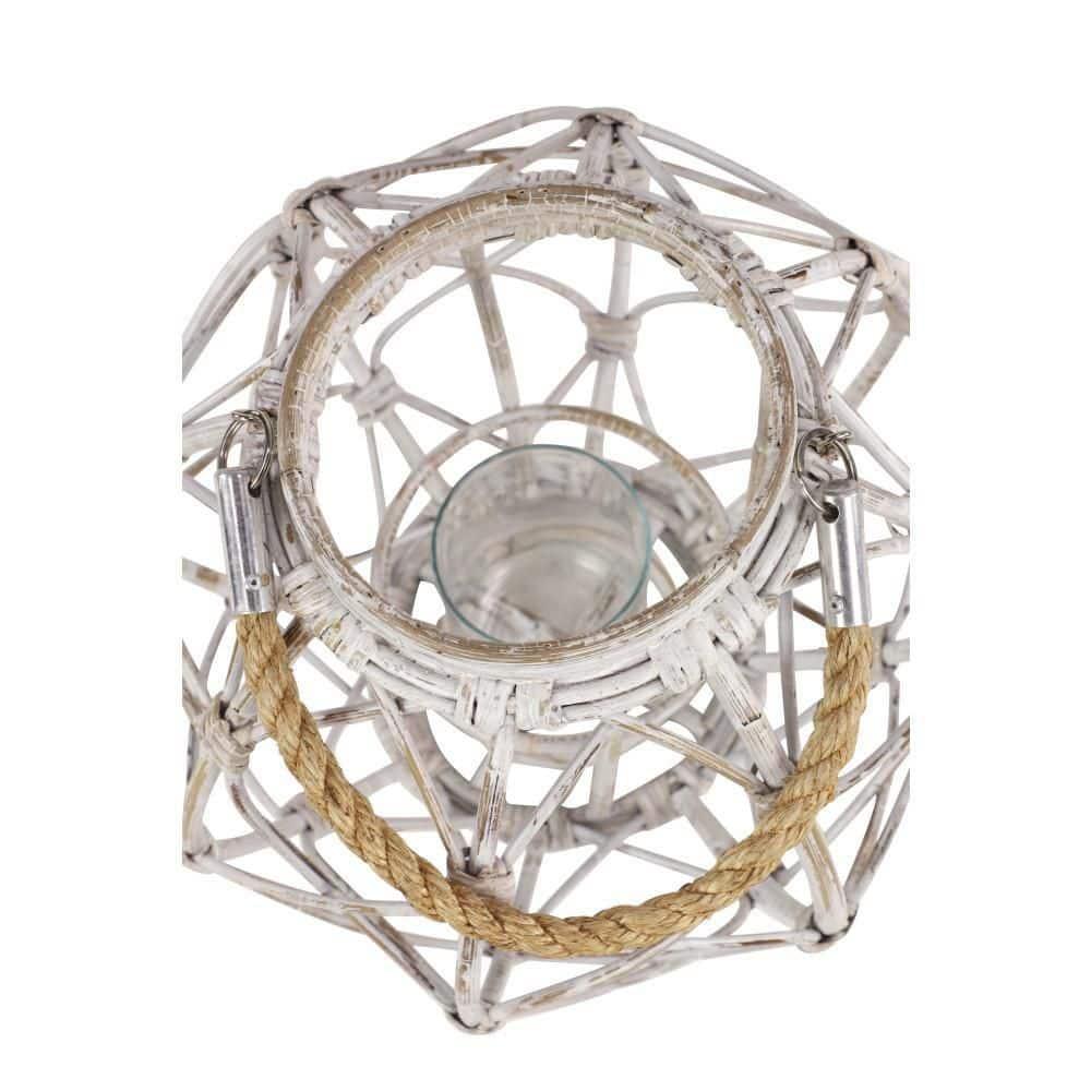 Decmode Large Round Woven Rattan White Lantern with Burlap Jute Rope Handle and Glass Insert, 15” x 15”