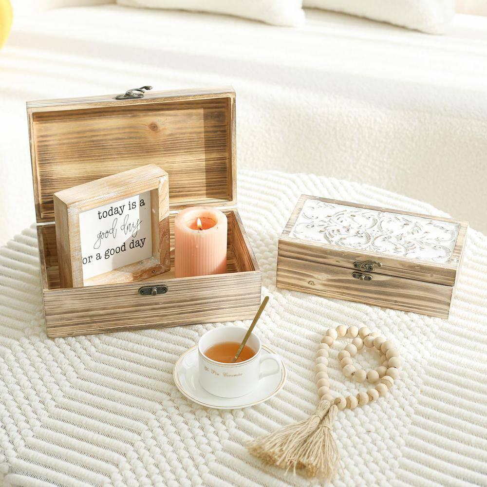 Wooden Box Set of 2 - Rustic Farmhouse Decorative Boxes with Hinged Lid and Carved Design