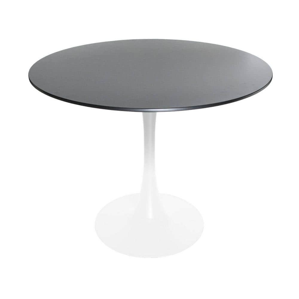 LeisureMod 5-Piece Dining Set with 35" Round Dining Table in White Iron Pedestal Base and 4 ABS Plastic Side Chair with Gold Base, Clear