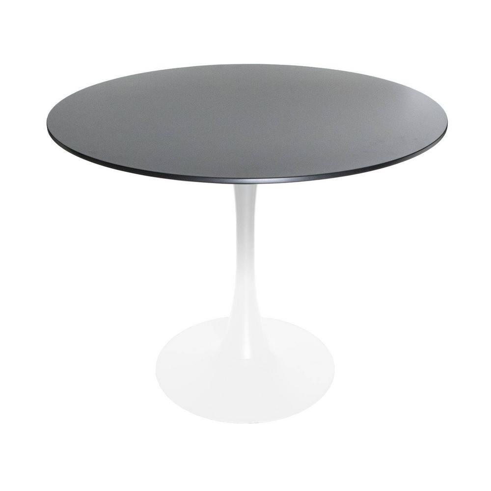 LeisureMod 5-Piece Dining Set with 35" Round Dining Table in White Iron Pedestal Base and 4 ABS Plastic Side Chair with Gold Base, White Blue