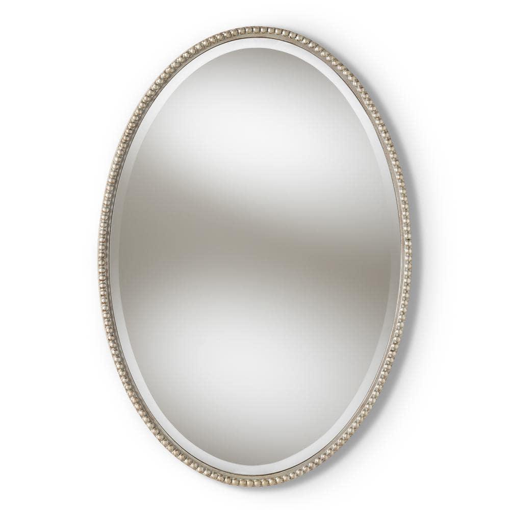 Elegant Oval Beaded Wall Mirror in Antique Silver Finish