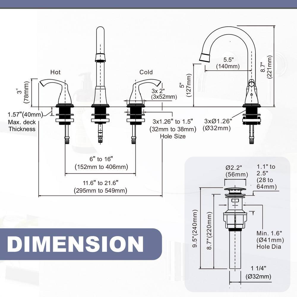 Widespread 2-handle Bathroom Faucet with Drain Assembly