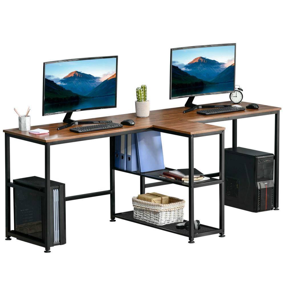 HOMCOM 83" Two Person Computer Desk with 2 Storage Shelves, Double Desk Workstation with Book Shelf,  Long Desk Table for Home Office, Dark Walnut