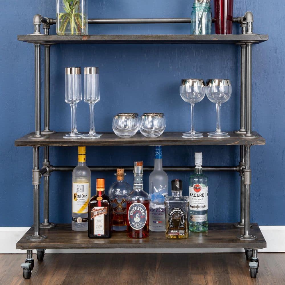 PIPE DECOR Restore by Industrial 3 Tier Solid Wood & Steel Pipe Bar Cart with Wheels Boulder Black