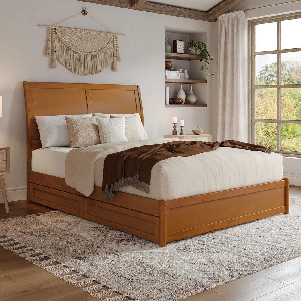 AFI, Andorra Queen Platform Bed with Panel Footboard and Storage Drawers, Light Toffee