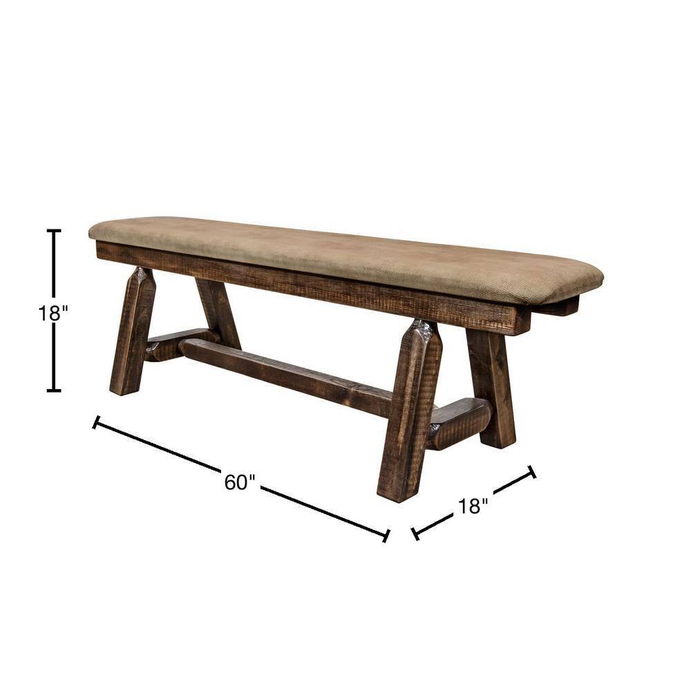 Homestead Collection 18 in. H Brown Wooden Bench with Buckskin Pattern Upholstered Seat, 5 ft. Length