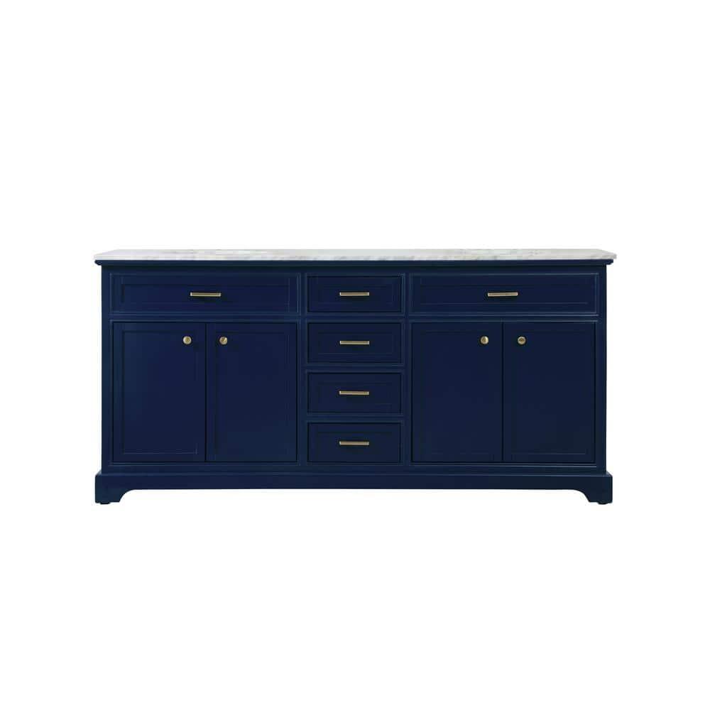 Elegant Decor Americana 72" Metal MDF Marble Double Bathroom Vanity in Blue