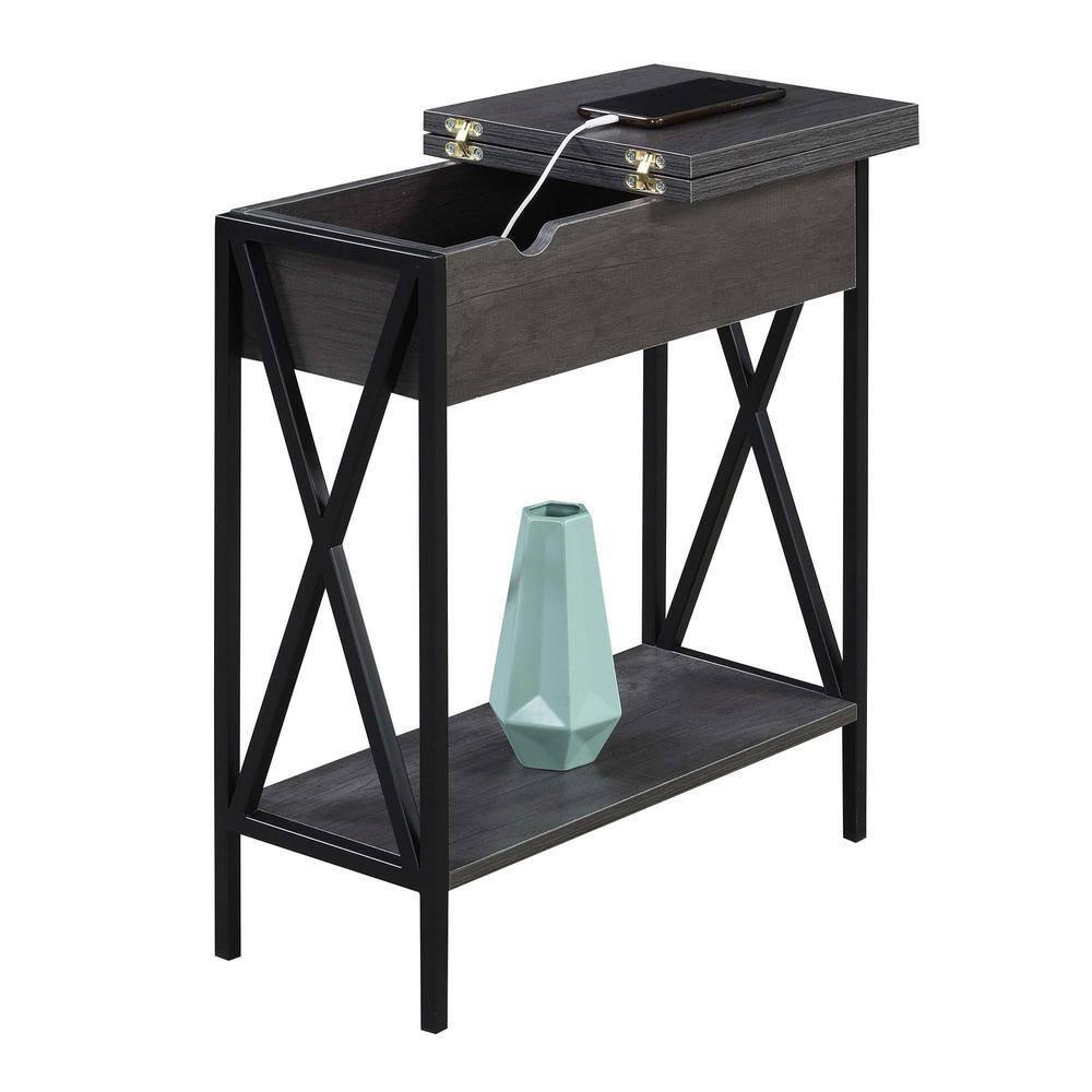 Convenience Concepts Tucson Flip Top End Table with Charging Station and Shelf, Charcoal Gray/Black