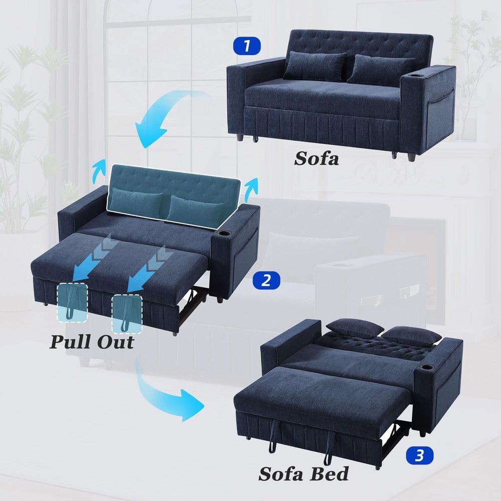 Blue Chenille Tufted Twin Sleeper Sofa with Cup Holder
