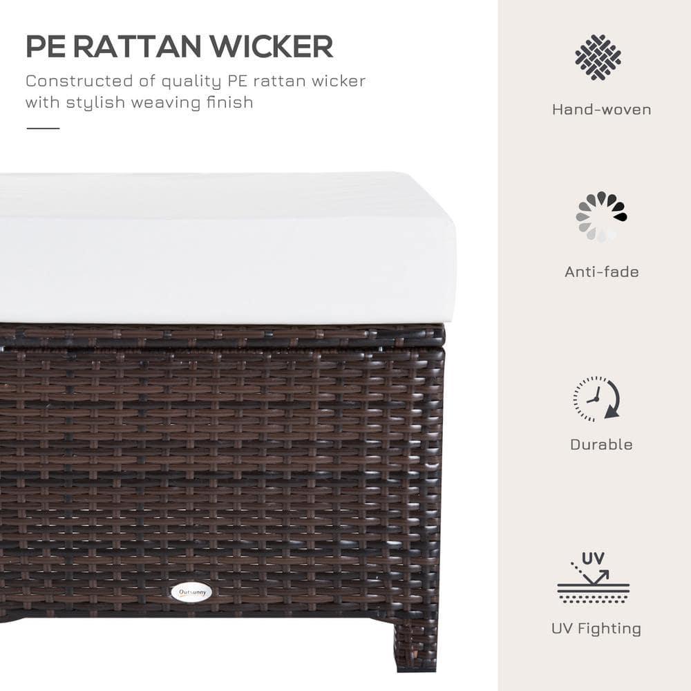 Outsunny 20" Outdoor Ottoman, PE Plastic Rattan Wicker, Fade-Resistant Patio Footrest with Soft Cushion, Steel Frame, Dark Brown, Cream White