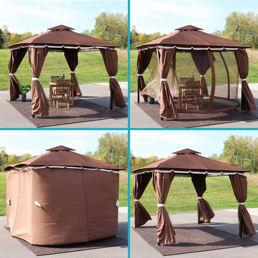 Sunnydaze Outdoor Rectangle Soft Top Patio Gazebo with Screens and Privacy Walls - 10' x 10' - Brown