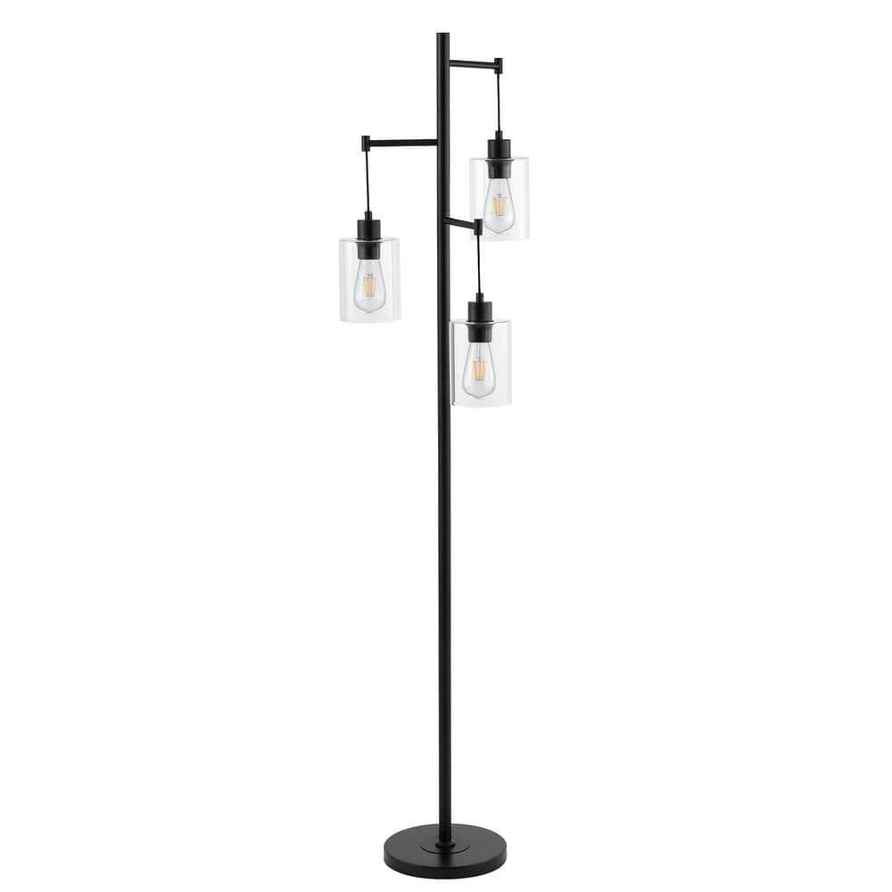 Ledel Get 69" Industrial 3-Light Tree Floor Lamp with Glass Shades Black