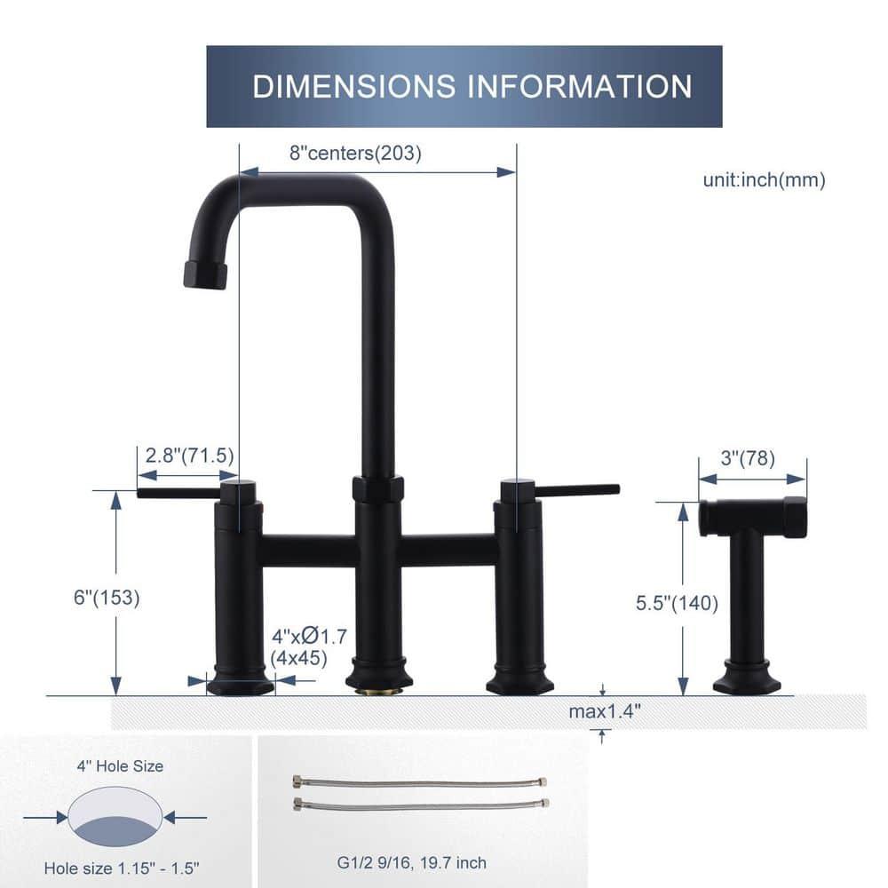 Double Handle Bridge Kitchen Faucet with Side Sprayer in Matte Black