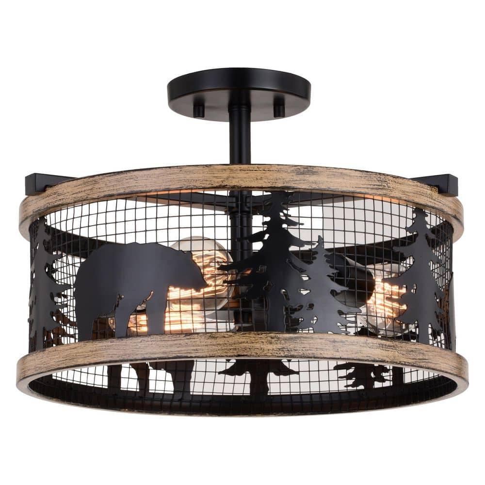 Kodiak 16-in W Black and Teak Rustic Semi Flush Mount Ceiling Light Bear and Tree Motif