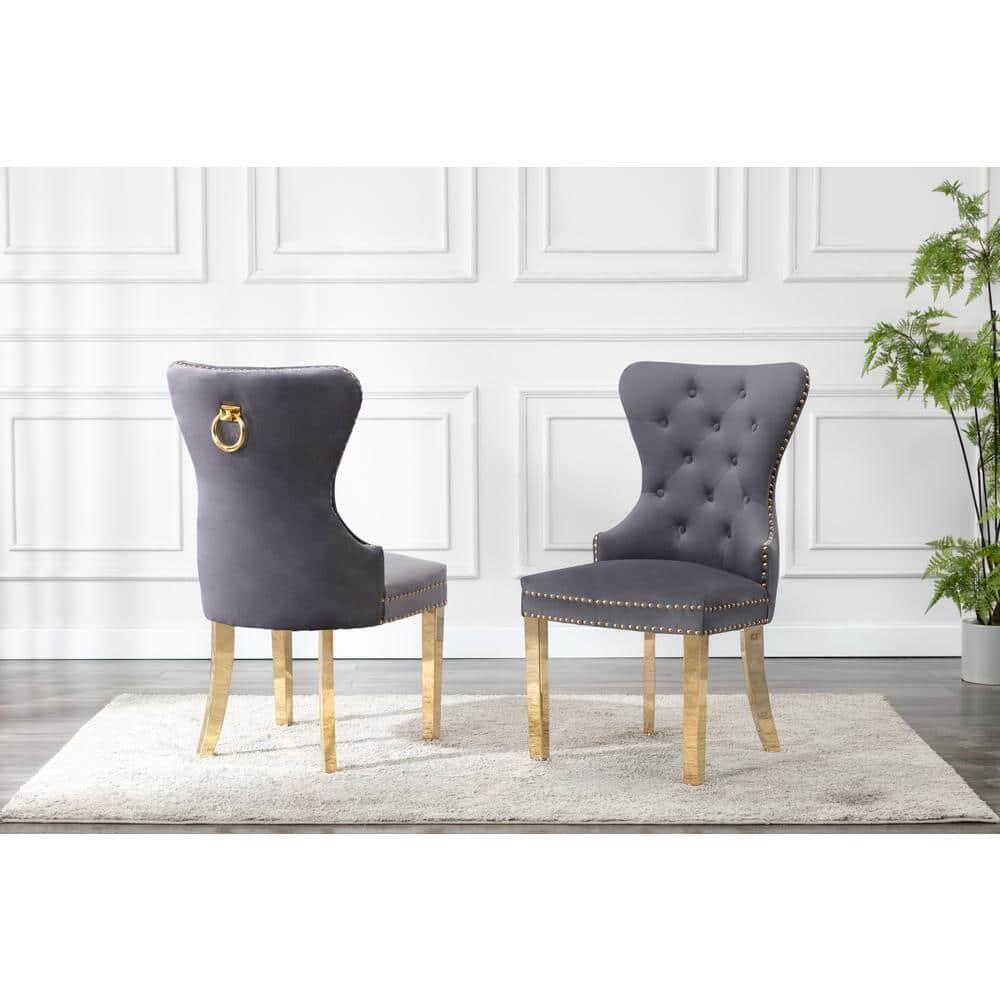 Double Tufted Gray Velvet Side Chairs with Gold Stainless Steel Legs