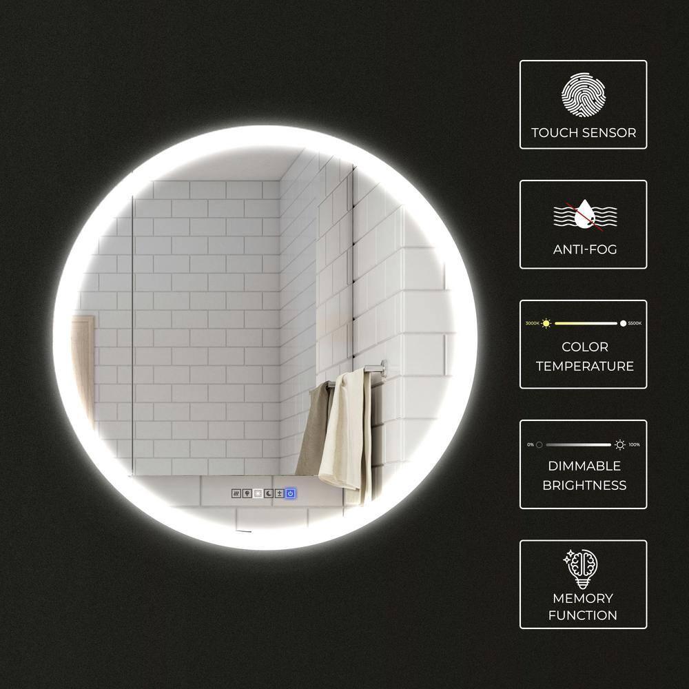 Round Lighted LED Bathroom and Vanity Mirror 28 inch with Anti Fog, Wall Mounted, Dimmer Touch Sensors by Fab Glass and Mirror