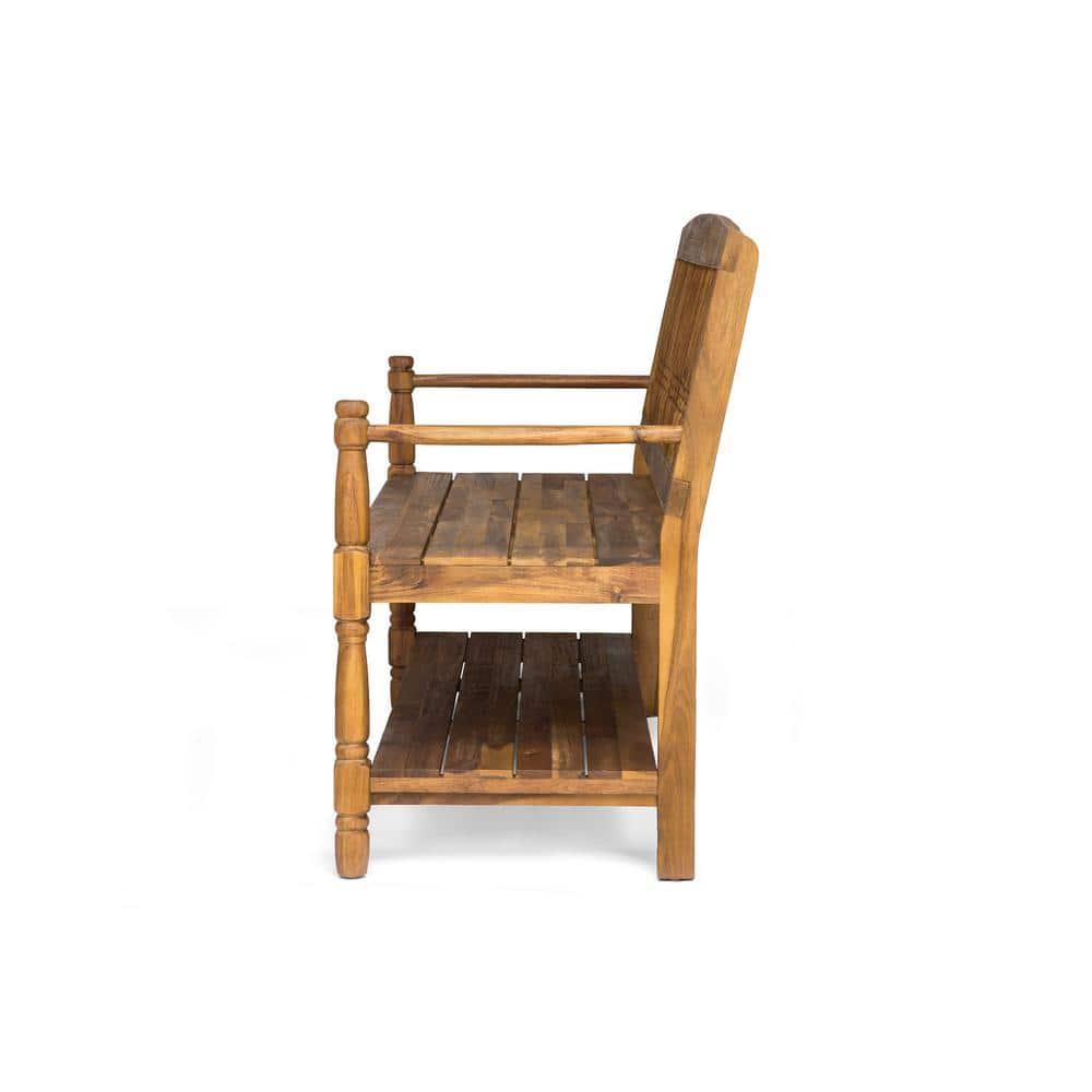 Larry Outdoor Rustic Acacia Wood Bench with Shelf, Teak