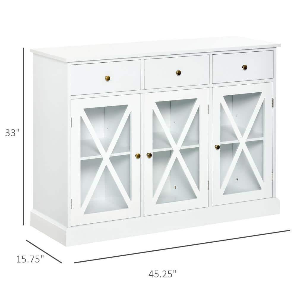 Gracie Oaks 45" Farmhouse Sideboard Buffet Cabinet, Credenza,Coffee Bar Cabinet with Glass Doors and 3 Drawers, White