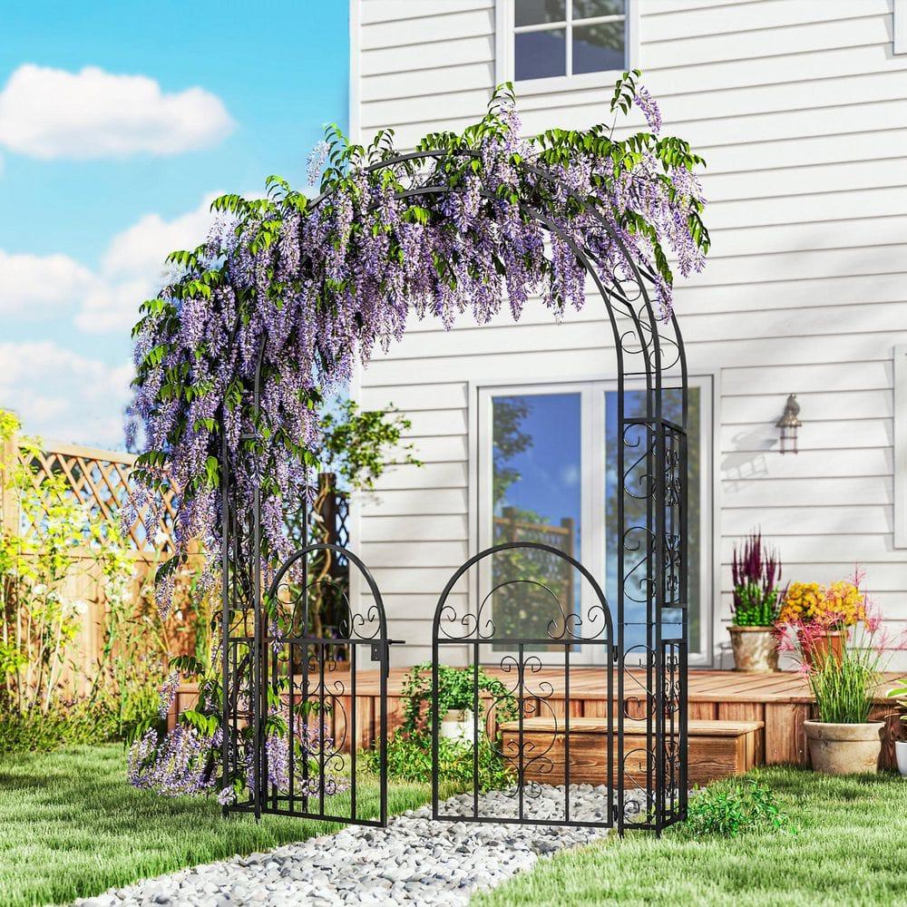 Outsunny 7.4ft Steel Garden Arch with Gate, Garden Arbor Trellis, Black