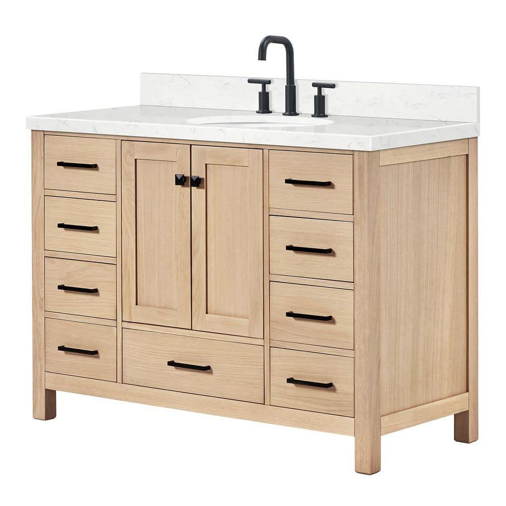 ARIEL Cambridge 48 Inch Single Oval Sink Bathroom Vanity With Carrara White Quartz Countertop 1.5 Inch Edge In Oak