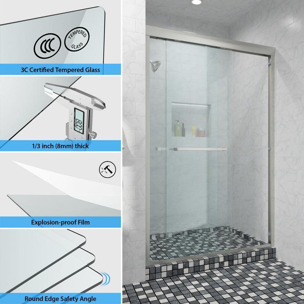 COUOKO 48" W X 76"H Semi-Frameless Shower Door Bypass Sliding Shower Enclosure, Brushed Nickel RD-CUK6A22-48SS