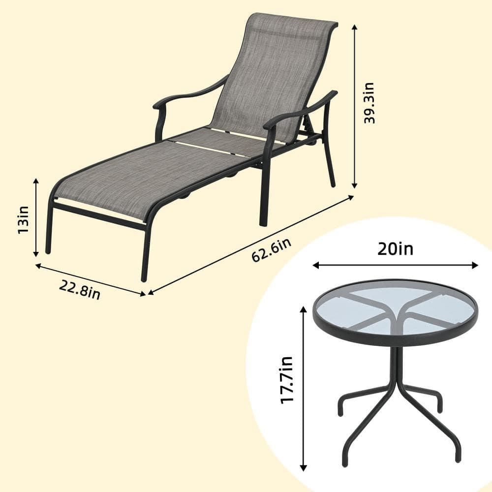 HAPPATIO Patio Chaise Lounge Set 3 Pieces,Patio Lounge Chair with Glass Coffee Table,Pool Lounge Chair with Breathable Textilene Fabric,Patio Chaise Lounge for Patio Backyard Poolside(Gray)