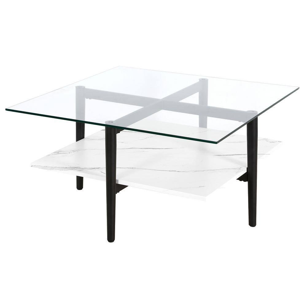 Evelyn&Zoe Otto 32" Wide Square Coffee Table with Faux Marble Shelf, Blackened Bronze