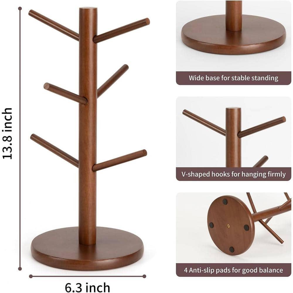 Coffee Mug Rack, Coffee Tree Mug Holders Countertop, Sturdy Wood Coffee Tree Mug Holder Stand with 6 Hooks, Non-Slip Mug Rack for Home Storage and Organizer, Nut-brown