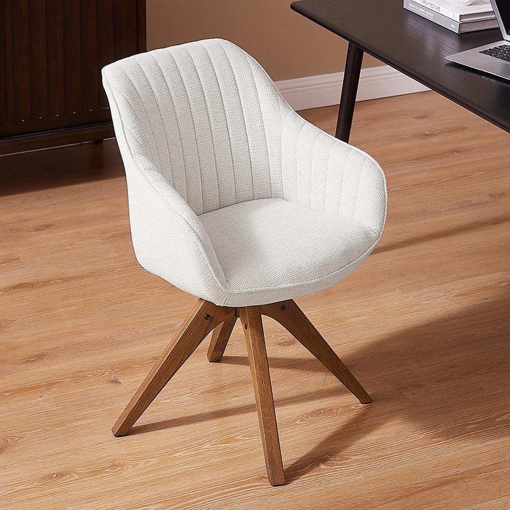 Off-White Fabric and Wood Swivel Accent Chair