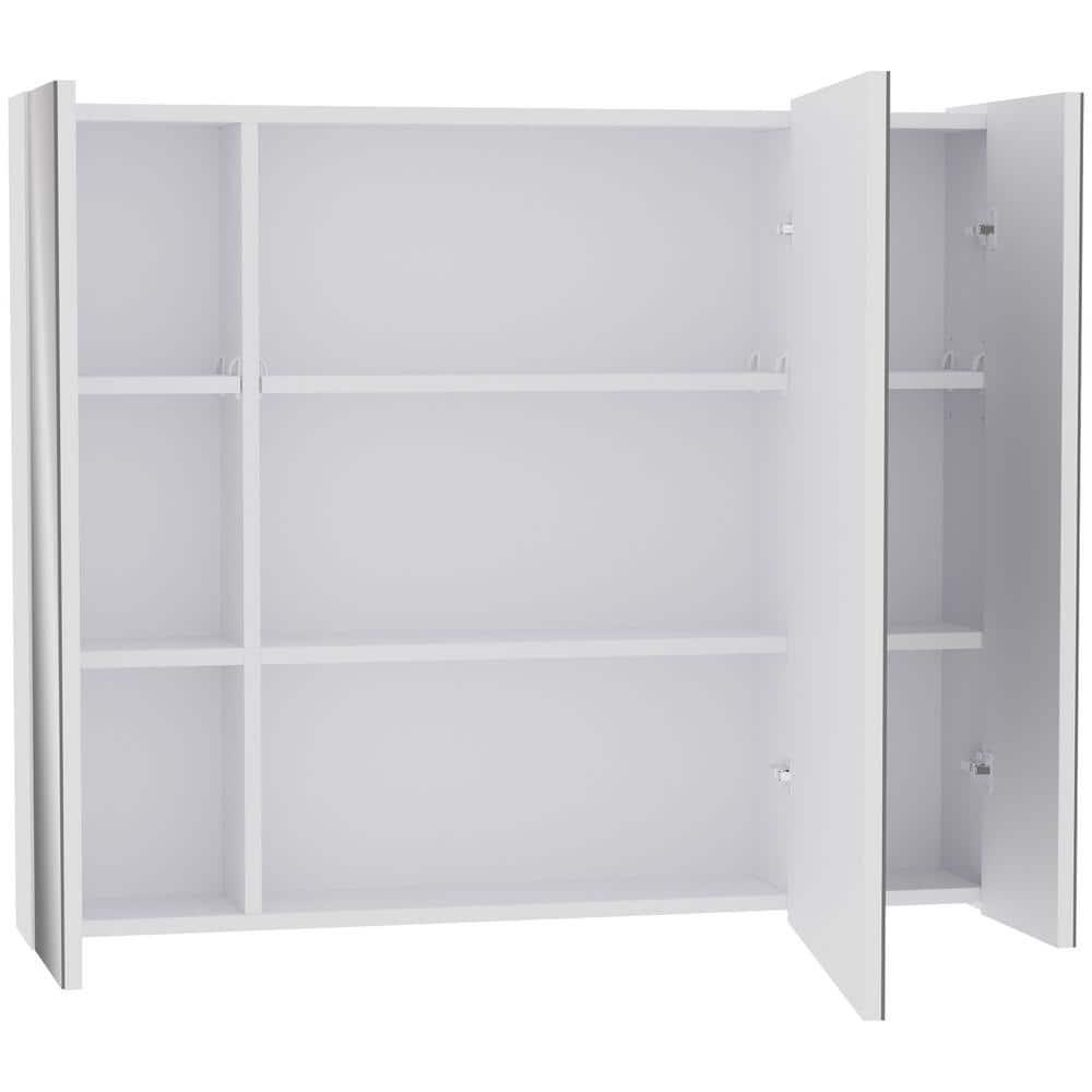 kleankin LED Medicine Cabinet, Wall-Mounted Bathroom Vanity Mirror Organizer with Dimmer Touch Switch, Three Doors, and USB Charged, White