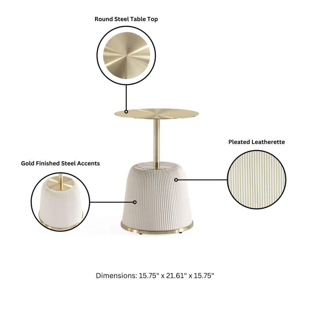 Manhattan Comfort Anderson Modern Leatherette Upholstered End Table with Gold Tabletop Cream: Round, No Assembly, Stainless Steel