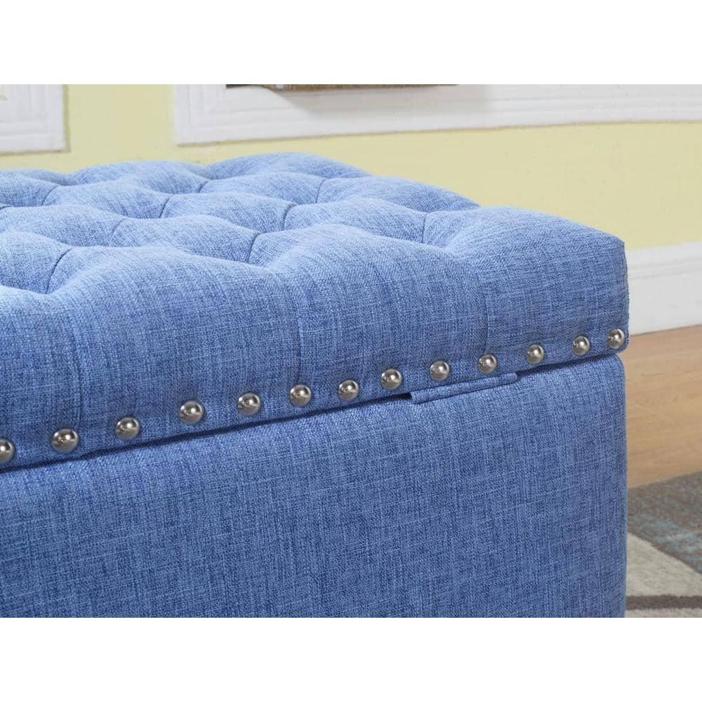 Nathaniel Home, Modern Storage Ottomans, Rectangular Ottomans with Storage, Nailhead Trim Ottomans, Upholstered Ottoman Coffee Table for Bedroom Blue